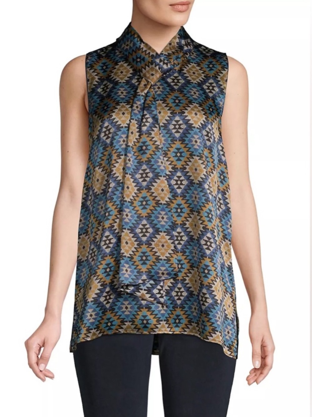 Lafayette 148 Abbie Aztec Artistry Silk Sleeveless Blouse Neck Tie‎ Women Medium